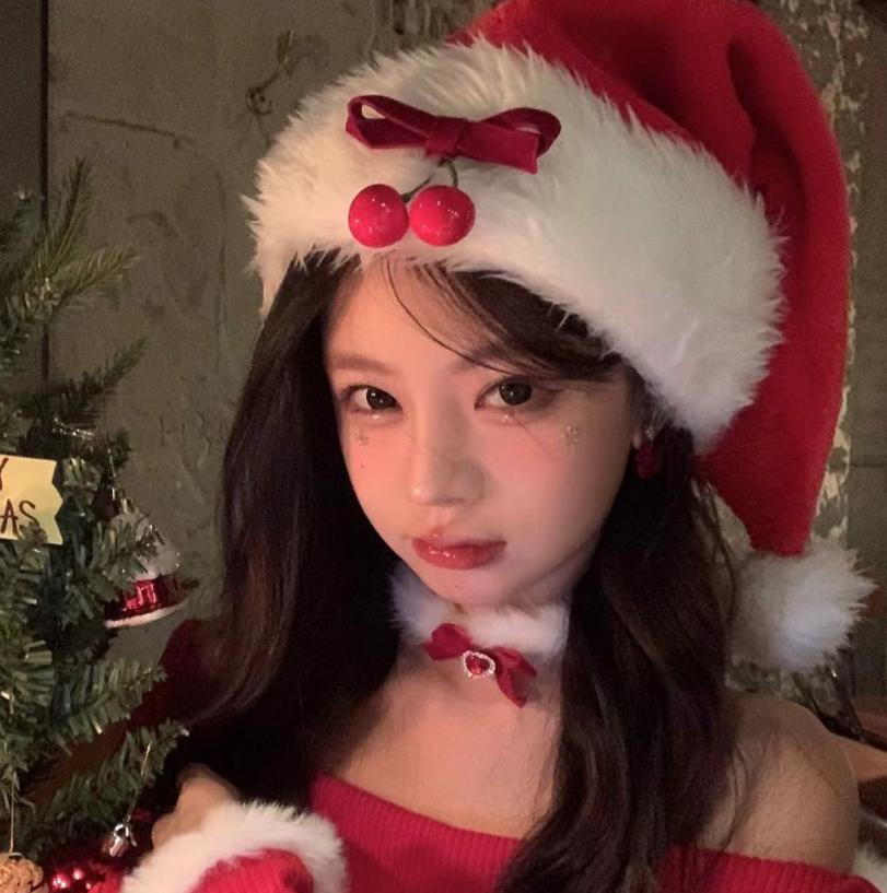 Red Cherry Bow Christmas Hat Warm Plush Cap Decorations Christmas Hat Xmas Party Decorations Women Girls Cosplay Headwear