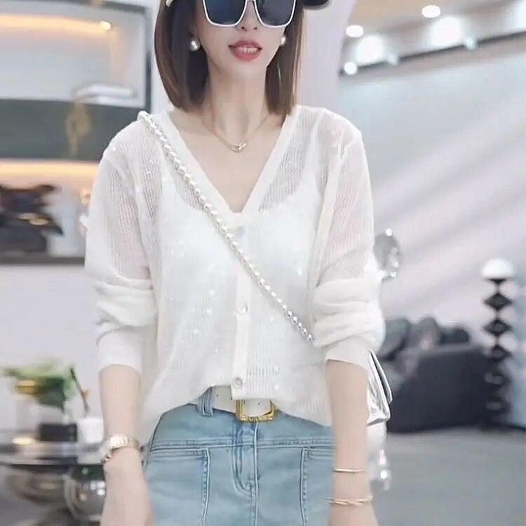 Вязаный свитер с полым V-образным вырезом и ленивыми пайетками, свободный и тонкий летний защитный чехол для кондиционирования воздуха, длинные рукава.