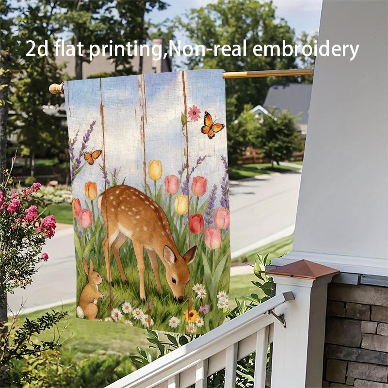 2D Flat, 1pc, 2D Flat Printing, Garden Flag with Deer, Rabbit, and Floral Patterns, Polyester Material, Multiple Sizes, Machine Washable and Durable f