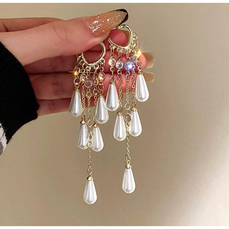 High-end French Super Fairy Pearl Flower Fringed Earrings Women's Light Luxury Temperament Earrings Retro Petal Exaggerated Earrings