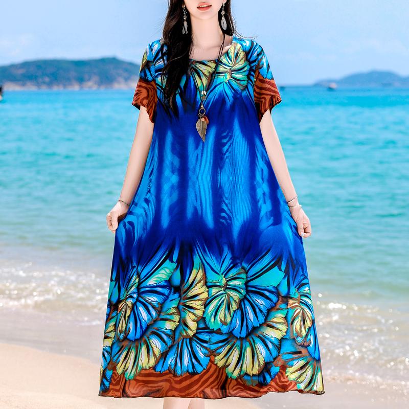 Большие размеры повседневные женские платья летние свободные короткие рукава длинные платья женские винтажные одежды