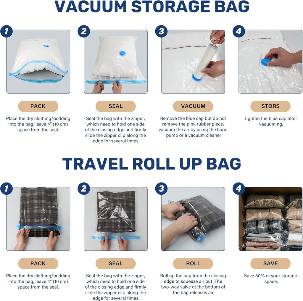 30 Pack Vacuum Storage Bags with Pump Space Saver Storage Bags Vacuum Seal Bags for Clothing Pillows Bedding Travel Organizer