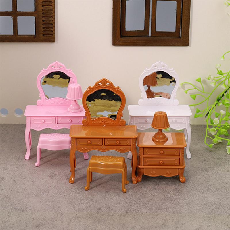 1:12 Dollhouse Miniature Dressing Table W/Mirror Bedside Table Chair Make-Up Table Home Decor Toy Doll House Accessories