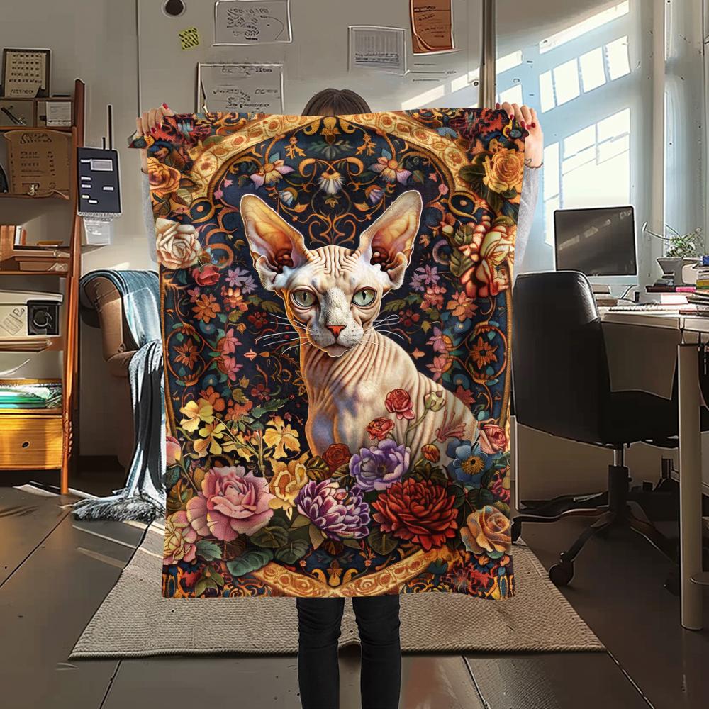 1Pc Boho Floral Cat Print Flannel Blanket, High quality Comfortable for All Seasons, Home Decor, Warmth and Comfort, Perfect for Christmas Gifts