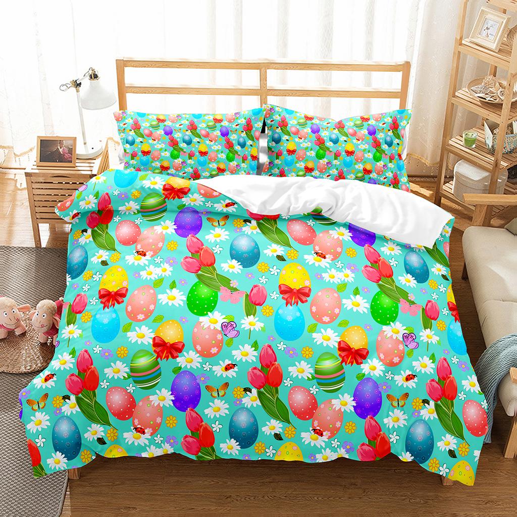 Пододеяльник с рисунком кролика из мультфильма Twin Queen, комплект постельного белья с разноцветными яйцами, микрофибра, цветочное одеяло, покрывало для девочек и мальчиков, пасхальный подарок