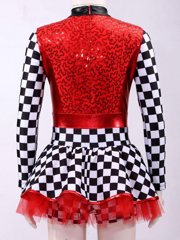 Детский костюм гонщика для девочек, клетчатый комбинезон гонщика с блестками, костюм для косплея на Хэллоуин, нарядное платье