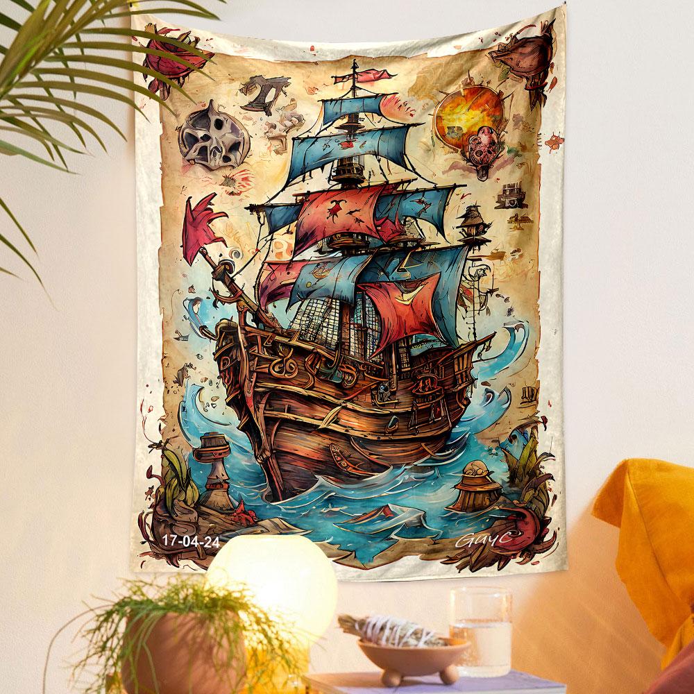 A colorful pirate ship with red and blue sails surrounded by vibrant items. Patterned tapestry for bedroom and living room home decor