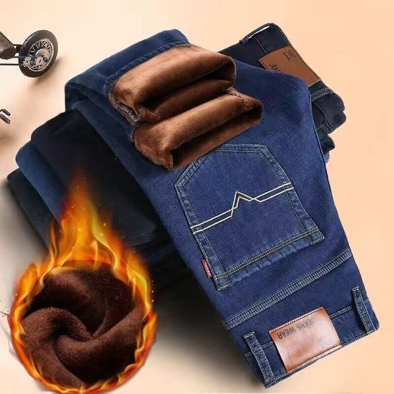 Autumn Winter Men's Jeans Fleece-Lined and Thickened Straight-Leg Loose-Fit Plus Size for Cold Weather Outdoor Wear