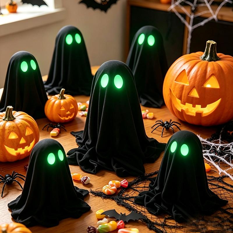Glow in Dark Hooded Ghost Figurine Halloween Tabletop Decor Party Pub Bar Scene Decoration Black Skeleton Ornament