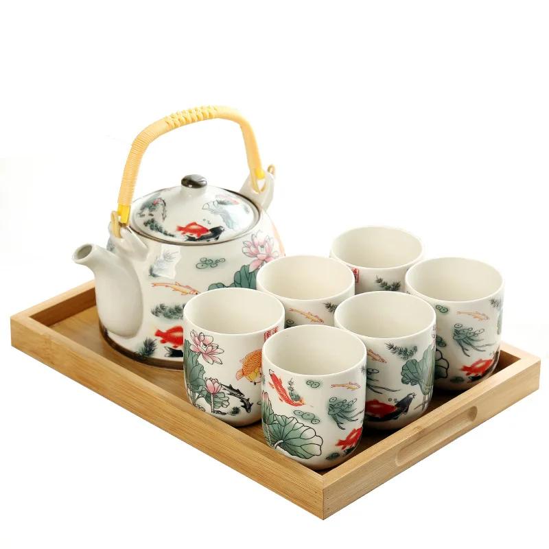 Retro Light Luxury, Large Capacity Teapot Tea Cups, Ceramic Celadon Kung Fu Tea Set, a Pot of Six Cups with Filter Green Teapot