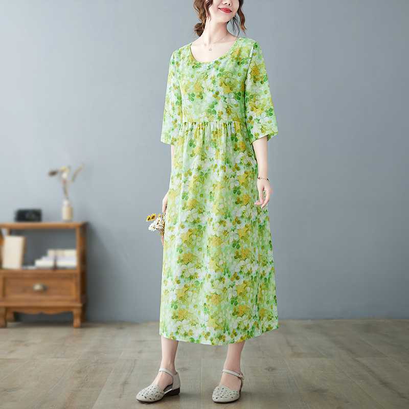 Летние новые литературные женские платья большого размера с круглым вырезом и рукавом пять минут, уменьшающие возраст