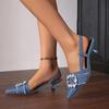 Denim Sling Back Pumps Women Sexy Pointed Toe Medium Heel Sandals Luxury Glitter Buckle Decoration Dress Party Sandals