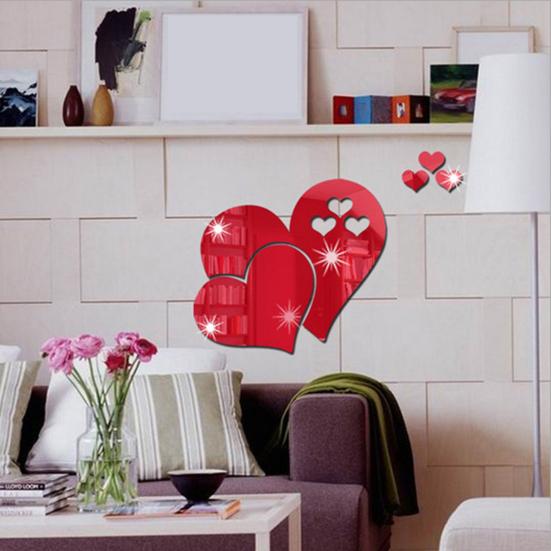 1 Set Heart Shape Acrylic Mirror Stickers Adhesive Removable Wall Stickers Solid Color Home Decoration