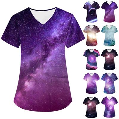 Женская модная астральная принтованная футболка с коротким рукавом и V-образным вырезом с маленьким карманом