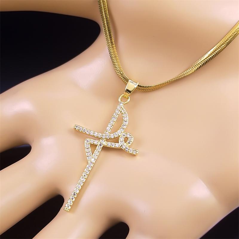 Блестящий циркониевый крест Iced Out FE CZ Форма Ожерелье для женщин Нержавеющая сталь С позолотой Медь Кулон Ожерелья Украшения NTPS05