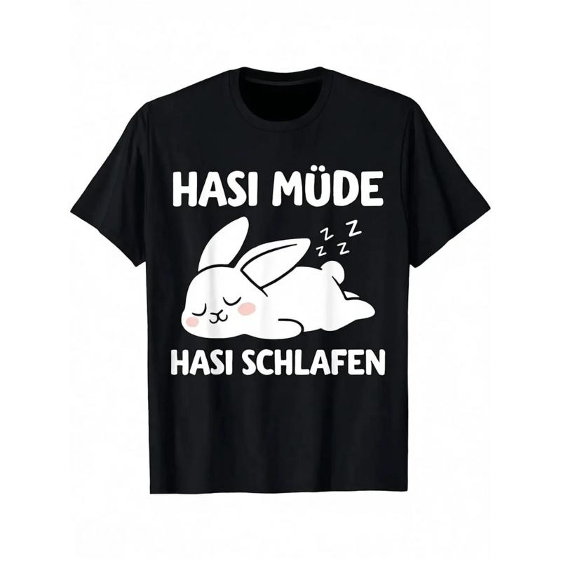 Hasi Tired Hasi Sleep Funny Rabbit T-Shirt | Black, S, Crew Neck, Casual Style, Regular Fit, Short Sleeve, All-season, Heat Transfer Print