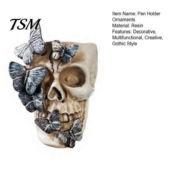 Niche Gothic Gifts Black Butterfly Skull Vase, Resin Skeleton Pen Holder, Flower Vase Arrangement Container, Creative Desktop Organizer for