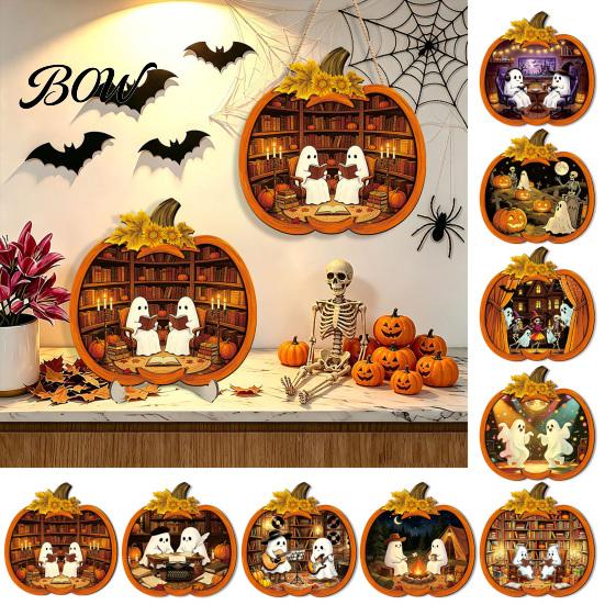 Cool Patterned Ornaments Halloween Door Sign, Glowing Ghost Hanging Decor, Wooden LED Window Festive Theme Ornament for Party, Spooky Wall Pendant