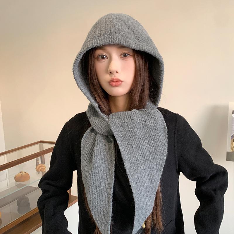 Red Balaclava for Women In Autumn and Winter Warm Ear Protection  Neck Scarf  Woolen Knitted Hat and Scarf All In One