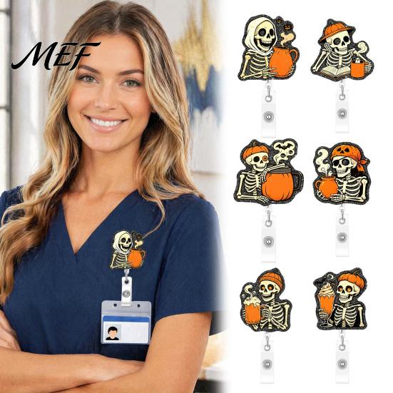 Decorative Badge Reel Halloween Retractable Reel, Skeleton And Pumpkin Design, Acrylic ID Card Teacher Id Holder with Sturdy Metal Clip for
