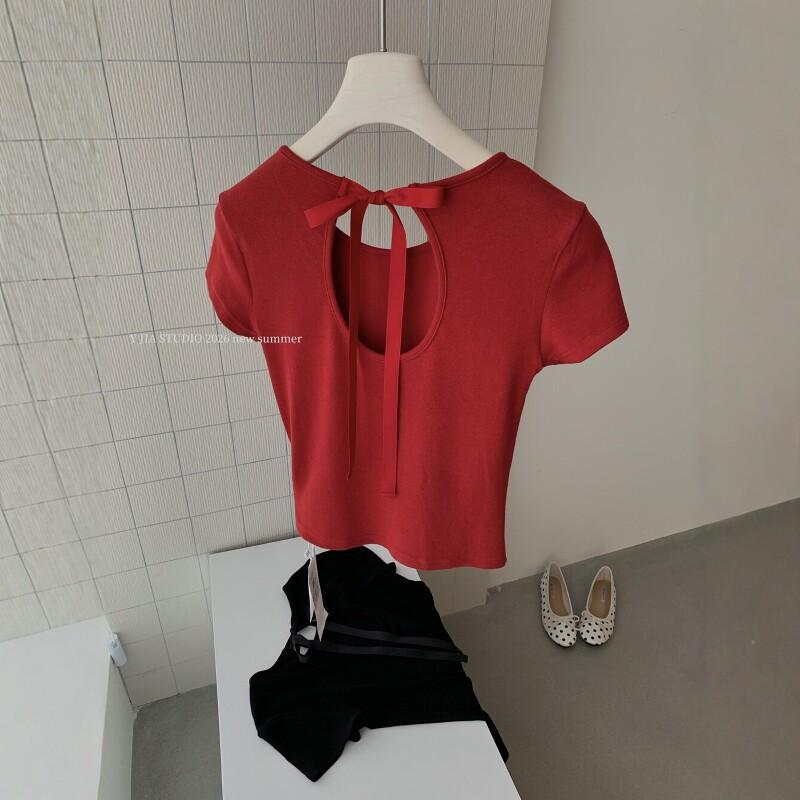 Bow strap U-shaped hollow slim round neck short top women's summer front shoulder slim short-sleeved T-shirt