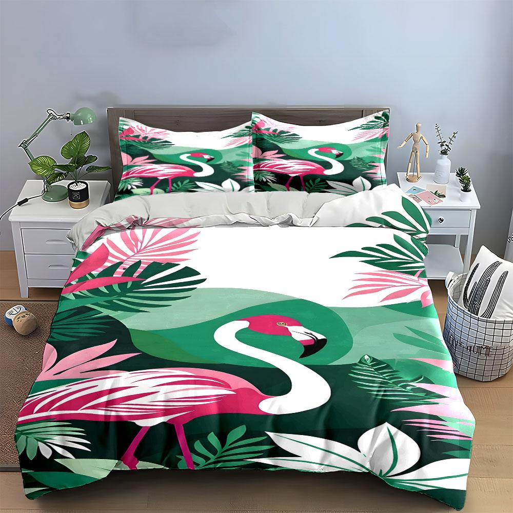Pink flamingos with leaves. Bedding sets Duvet cover sets Duvet covers Pillowcases(1*Duvet Cover 2*Pillowcases without duvet insert)
