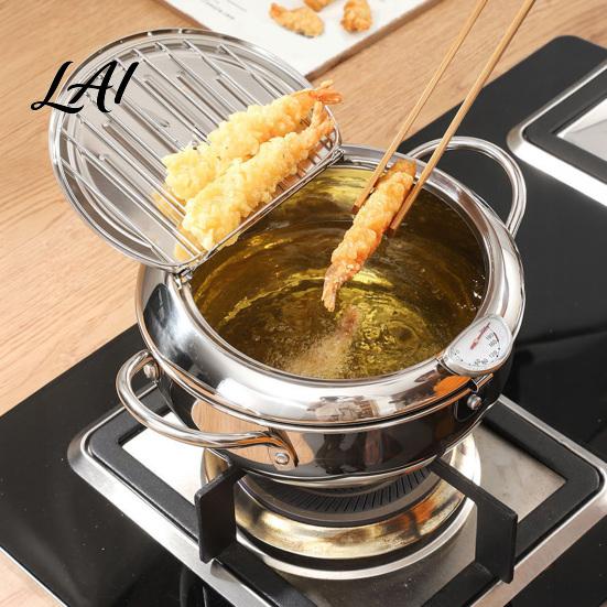 Kitchen Oil Fryer 304 Stainless Steel Deep Pot with Thermometer Drain Rack And Splatter Tempura Frying Lid Temp Control Saving Pot Multipurpose