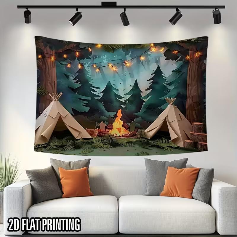 Adventure Camp Forest Backdrop Tent Campfire Scene Background for Party & Live Decoration