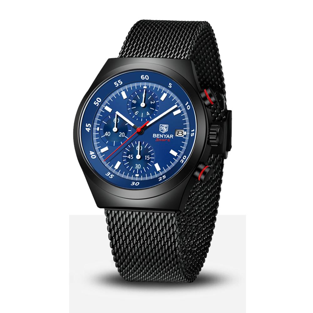 BENYAR 5200 Men's Multi Functional Timing Quartz Watch Calendar Night Light Waterproof Stainless Steel Watches for Man