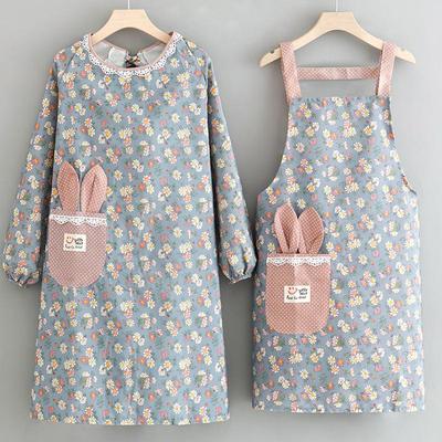 Хлопковый фартук с длинным рукавом в корейском стиле с цветочным принтом: Милый, Дышащий, Износостойкий, Маслостойкий Кухонный Халат для Женщин