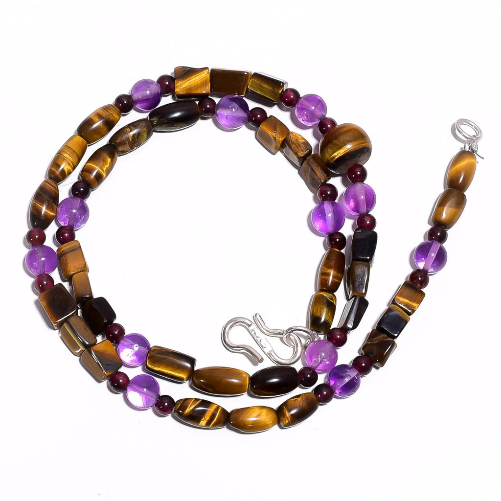 Natural Tiger Eye Amethyst Garnet Gemstone Smooth Beads Necklace 17" UB-4649 UB-4649