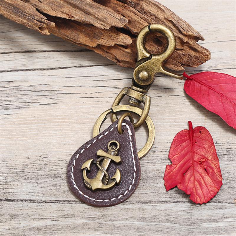 European-American Retro Men's Alloy Anchor Cowhide Keychain - Genuine Leather Gift