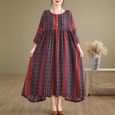 Плюс Размер Женщины 2025 Лето Длинный Базовый Оверсайз О-Образный Вырез Повседневный Короткий Рукав Винтажное Платье