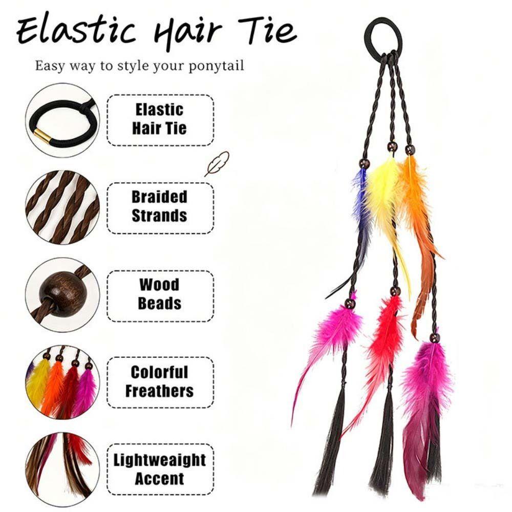 2pcs Rubber Band Headband Bohemian Feather Hair Extensions Twist Braid Ponytail for Halloween