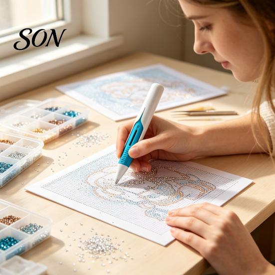 Handheld Craft Tool Automatic Bead Dispenser, Wax-Free Faux Diamond Art Pen, Ergonomic Precision Placer Applicator for Round Diamonds, DIY Crafts
