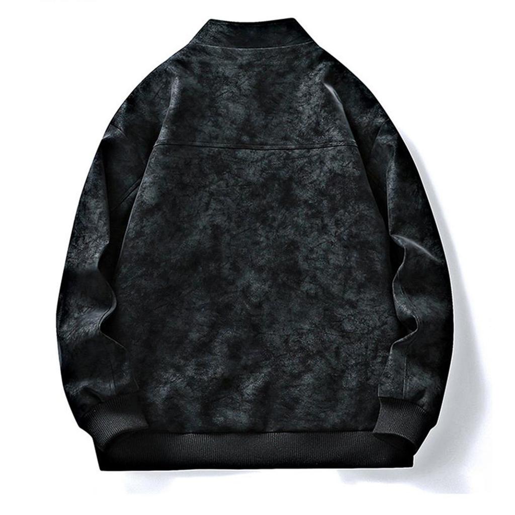 Men's Solid Color Zipper PU Leather Stand Collar Jacket Casual Sports Motorcycle Style Jacket