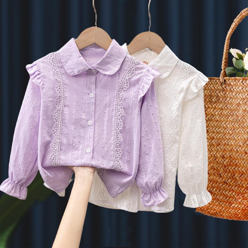 Spring 2024 Girls' White Long Sleeve Shirt with French Lace Collar