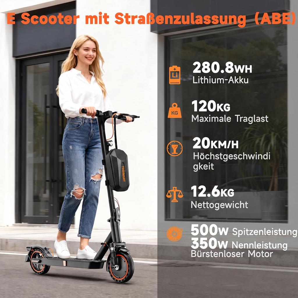Elektroroller Erwachsener, 30-35km Reichweite, 8,5" Klappbarer E-Roller, 350W Motor, TODIMART T6 mit Straßenzujichtigung, Schockdämpfer, Smart App