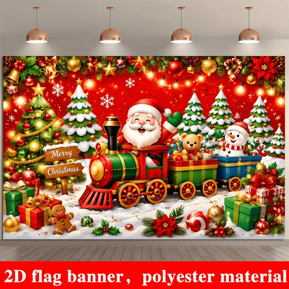 2D Flat Flag, 2D Flat - 1pc 2D Flag, Christmas Themed Banner Background, Santa Claus Driving a Small Train Theme, Includes Snowm