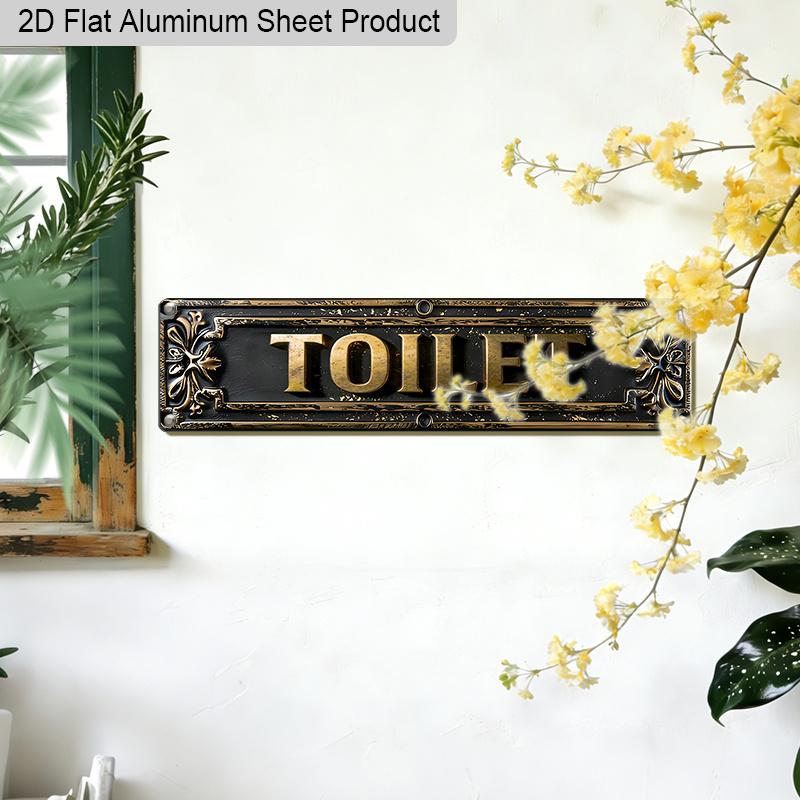 2D Flat 1pc Gothic Luxury Aluminum Toilet Sign "TOILET" with Ornate Gold Frame & Black Background 15.7x3.94 Inch, Vintage Victorian Metal Wall Plaque