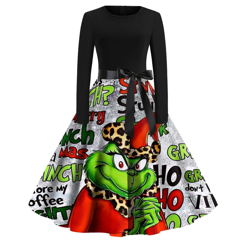 Женское модное повседневное платье с круглым вырезом и рождественским принтом и длинными рукавами