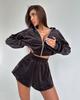 Women's Long Sleeve Zip Up Striped Cardigan Two Piece Outfit Slim Waist Shorts Set
