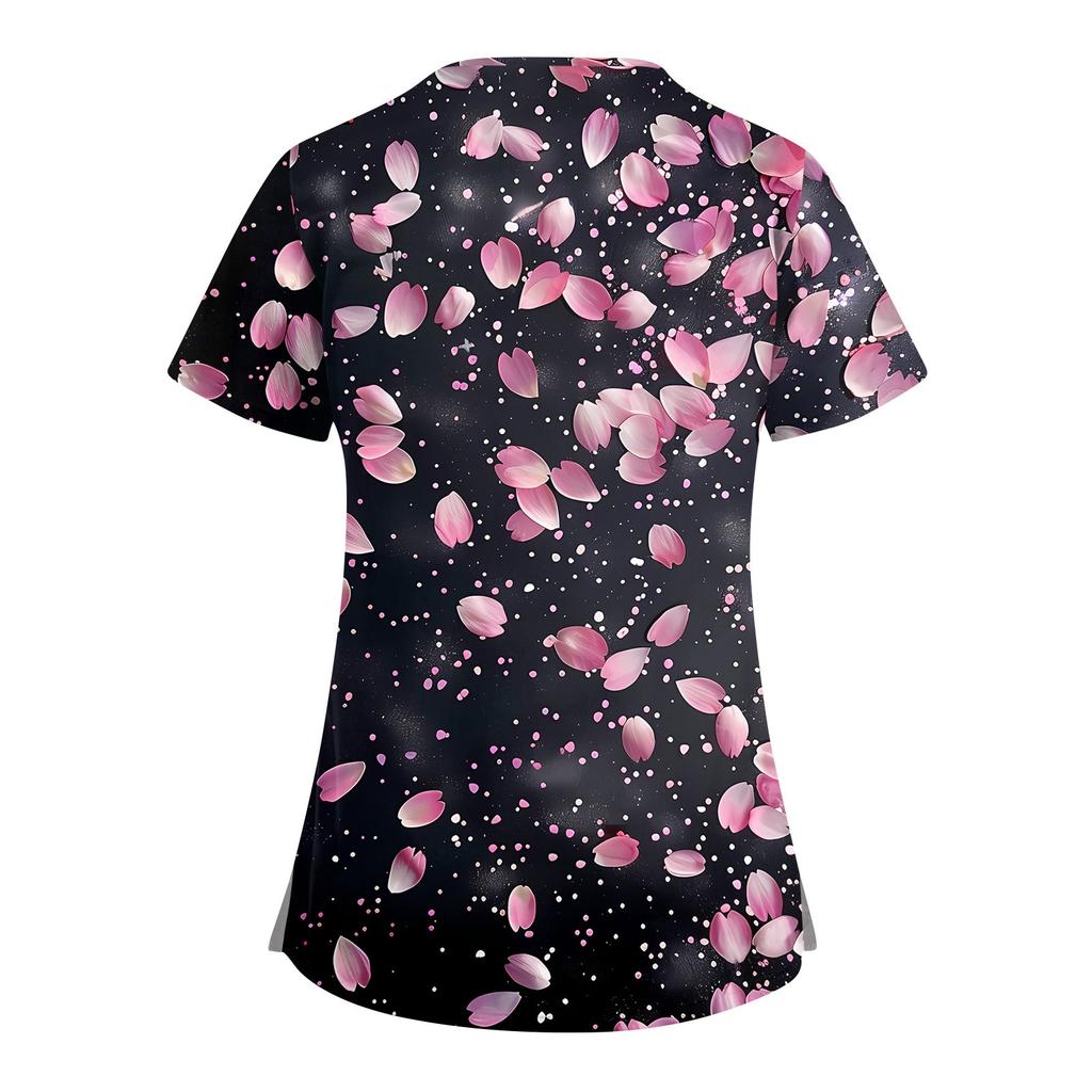 Women's Short Sleeve Stagger V Neck Print Pocket Dry-nurse Top