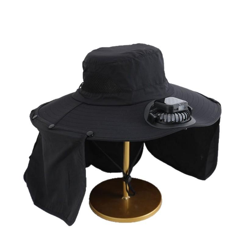 Large shawl sun hat neck protection, summer sun protection men's outdoor bucket hat, powerful solar rechargeable fan