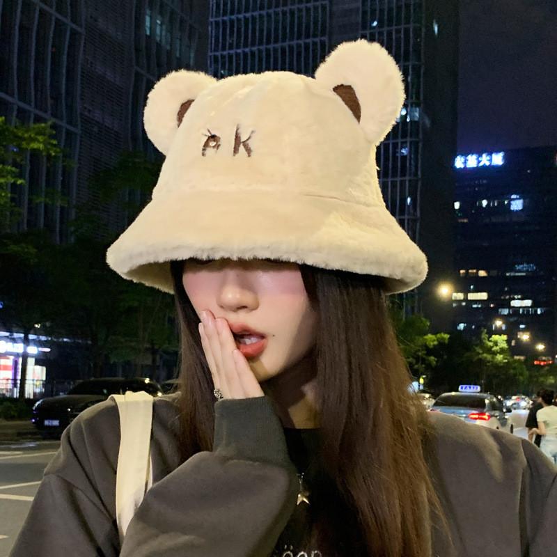 Ear Bear Ok Letter Embroidery Plush Fisherman Hat Bucket Cap Sun Protection
