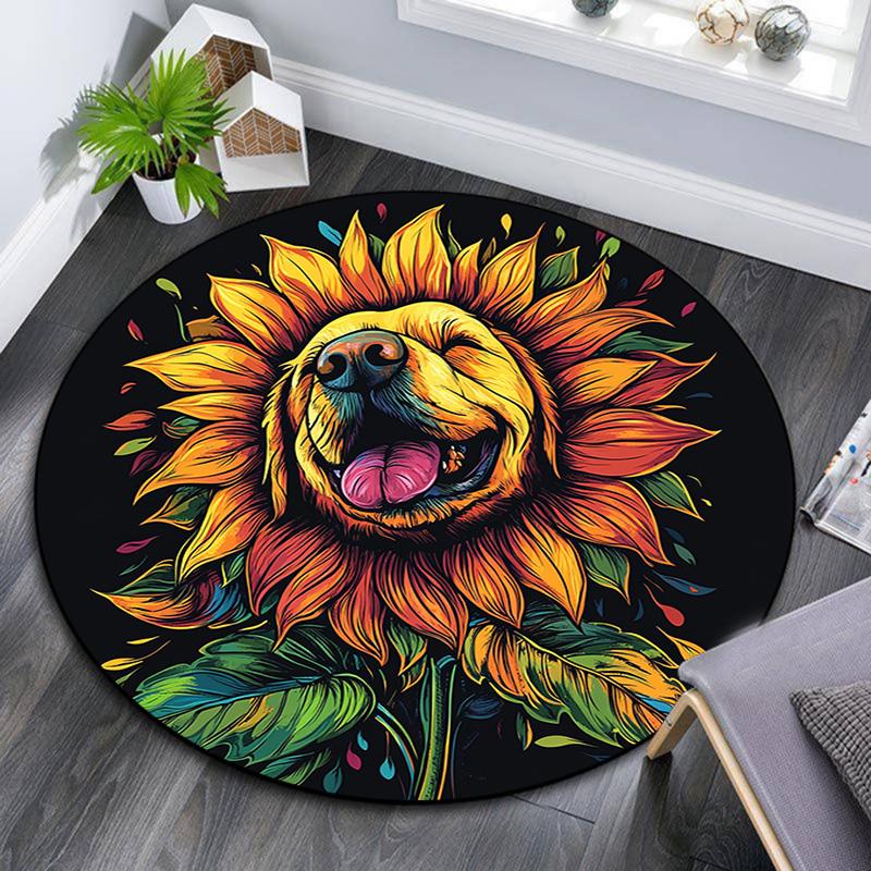Golden Retriever Sunflower Round Area Rug,Carpet Rug for Living Room Bedroom Sofa Playroom Decor,Non-slip Floor Mat