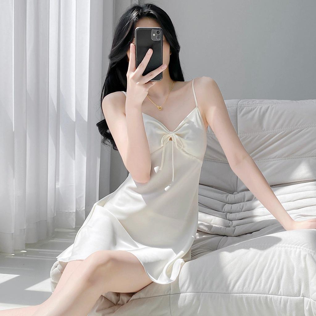1011 New Sexy Ice Silk Pajamas Women's Pure V-Neck Thin Simple Ice and Snow Silk with Chest Pad Suspender Home Skirt