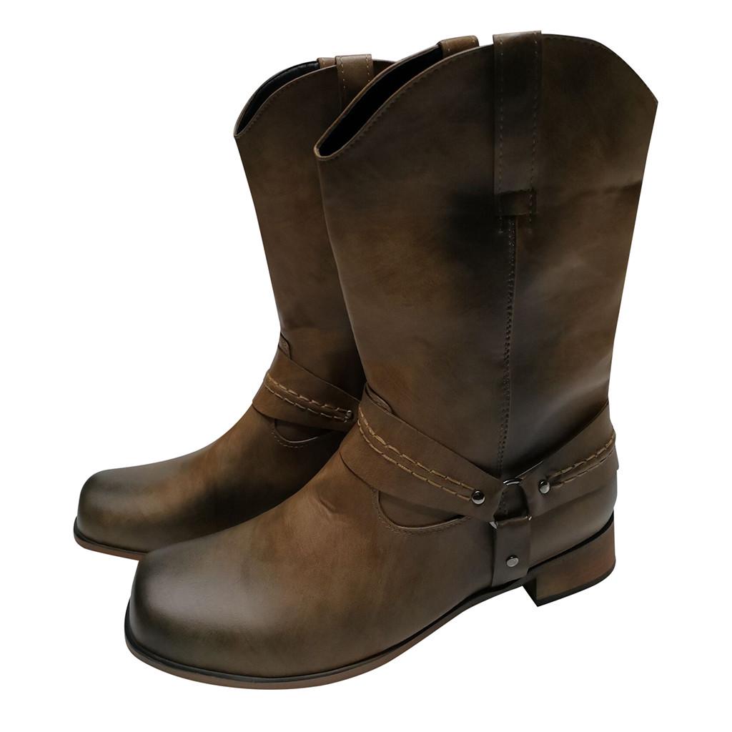 Мужские кожаные нескользящие туфли на низком каблуке с круглым носком и пряжкой, ковбойские сапоги