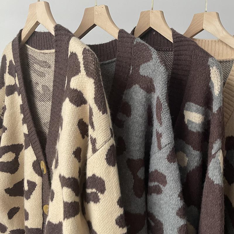 Осенне-зимний вязаный кардиган с животным принтом, женский мягкий утолщенный вязаный свитер с леопардовым принтом, топ