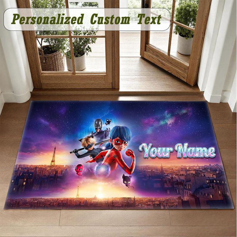 Crystal Velvet Square Rug Custom NameMiraculous Ladybug Pattern Non Slip Home Floor Decor Rug